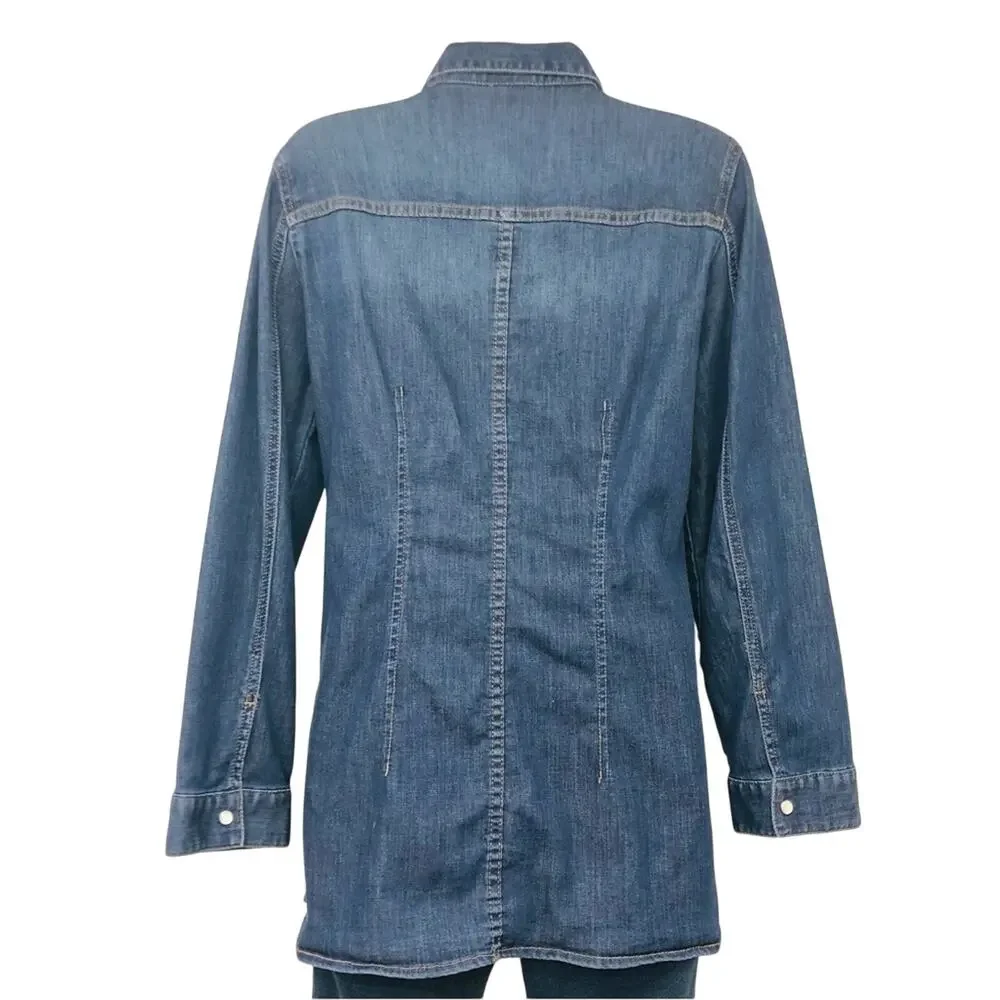 Chicos Size 0 Denim Snap Front Tunic Top Long Sleeve Western Style Bling Yoke